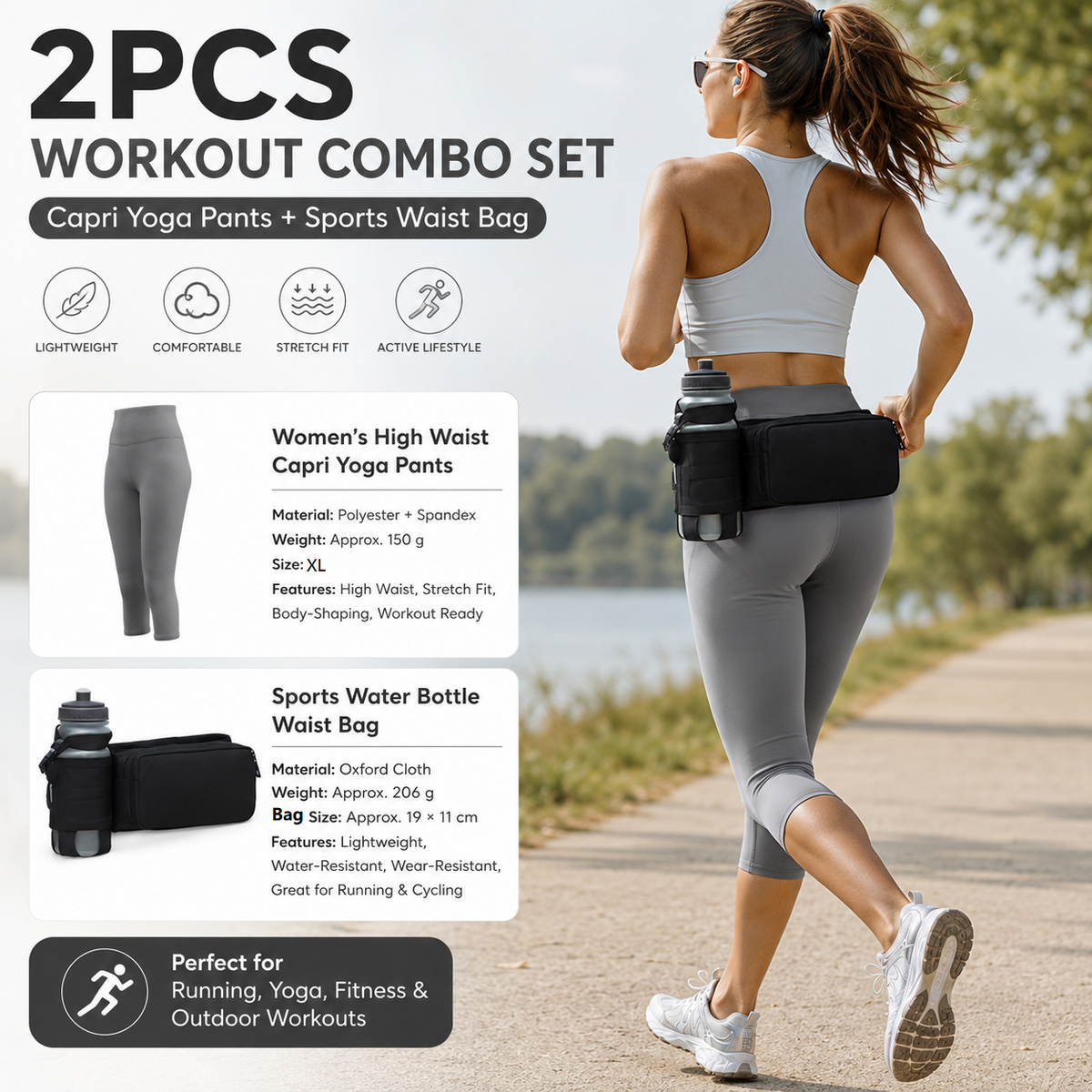 Winter Fitness Bundle - Grey XL size Women's High Waist 3/4 Yoga Leggings with Peach Hip Lift and Black Waterproof Sports Waist Bag with Bottle Holder for Running Gym and Outdoor Activities