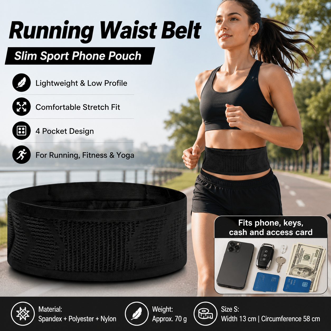Black S Size Running Waist Belt - High Stretch Spandex Nylon Blend, 360-Degree Storage Pocket, Breathable Mesh Design for Running and Gym Use