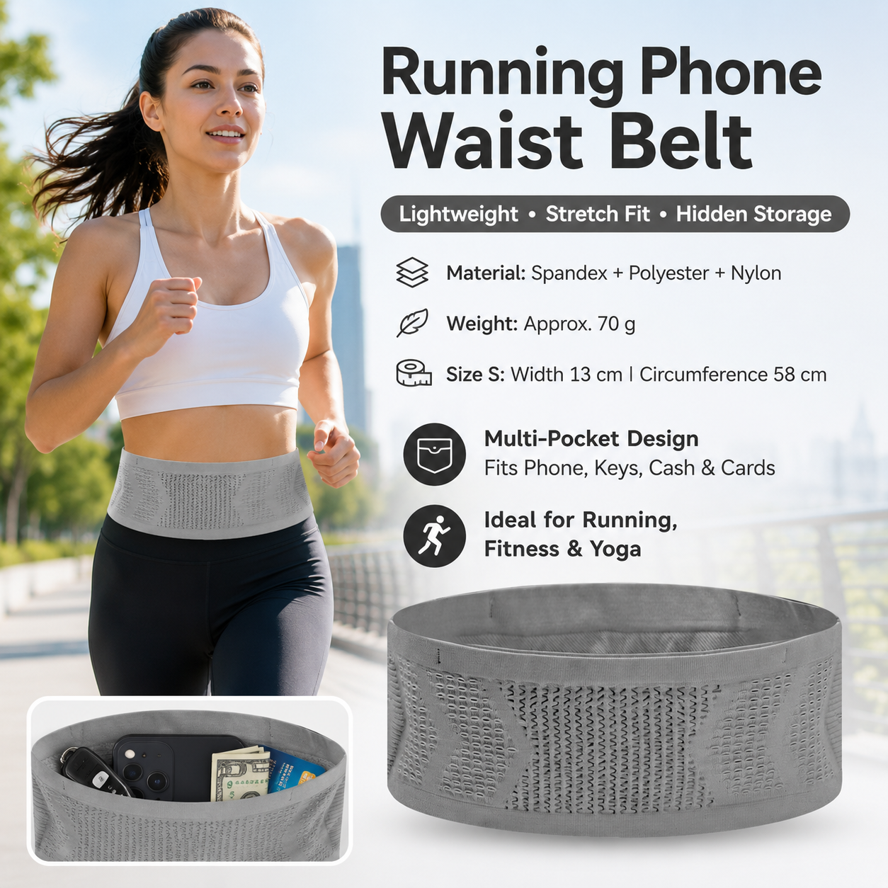 Grey S Size Running Waist Belt - High Stretch Spandex Nylon Blend, 360-Degree Storage Pocket, Breathable Mesh Design for Running and Gym Use