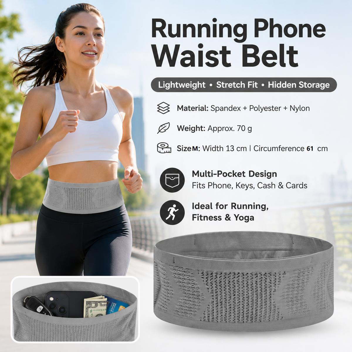 Grey M Size Running Waist Belt - High Stretch Spandex Nylon Blend, 360-Degree Storage Pocket, Breathable Mesh Design for Running and Gym Use