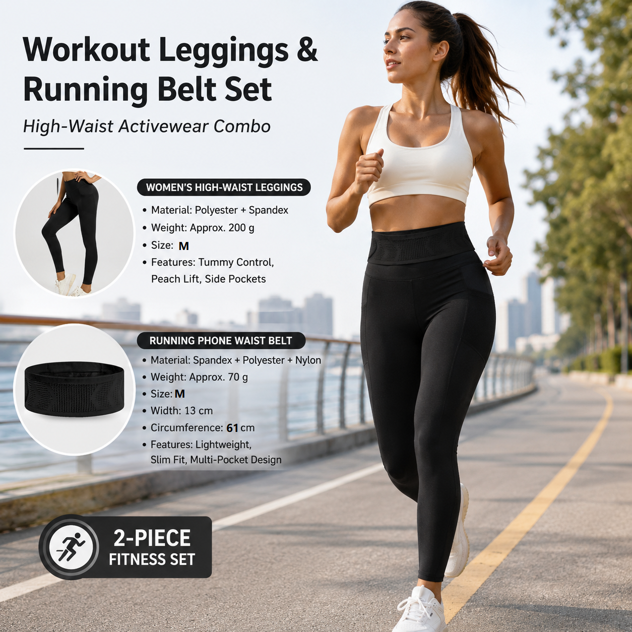 Comfortable Outdoor Sports Set-Black M Size Running Waist Belt and Black M Size High-Waisted Yoga Leggings  - Breathable Spandex Blend, Side Pockets for Phone and Keys, Lightweight Fitness Gear for Running and Gym