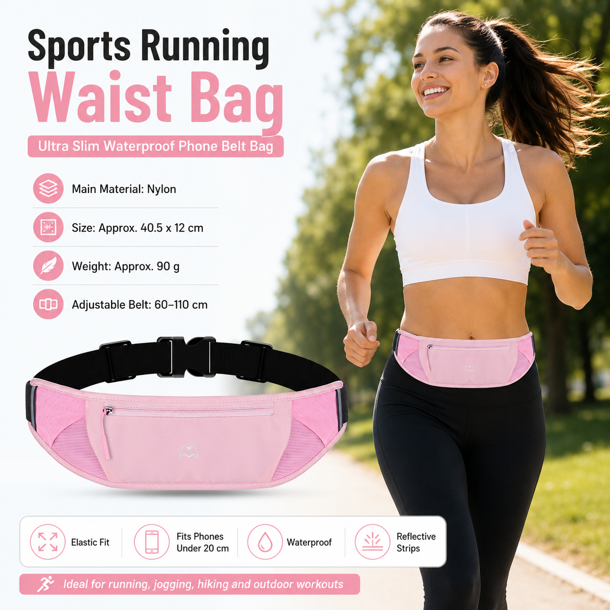Pink Running Waist Pack—Made of waterproof nylon with an adjustable strap (fits waist sizes 60–110 cm); features a three-pocket design to store a phone and keys, includes reflective strips for safety during night runs, and is suitable for running, mountai