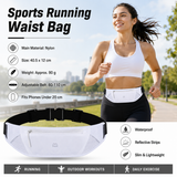 White Running Waist Pack—Made of waterproof nylon with an adjustable strap (fits waist sizes 60–110 cm); features a three-pocket design to store a phone and keys, includes reflective strips for safety during night runs, and is suitable for running, mounta