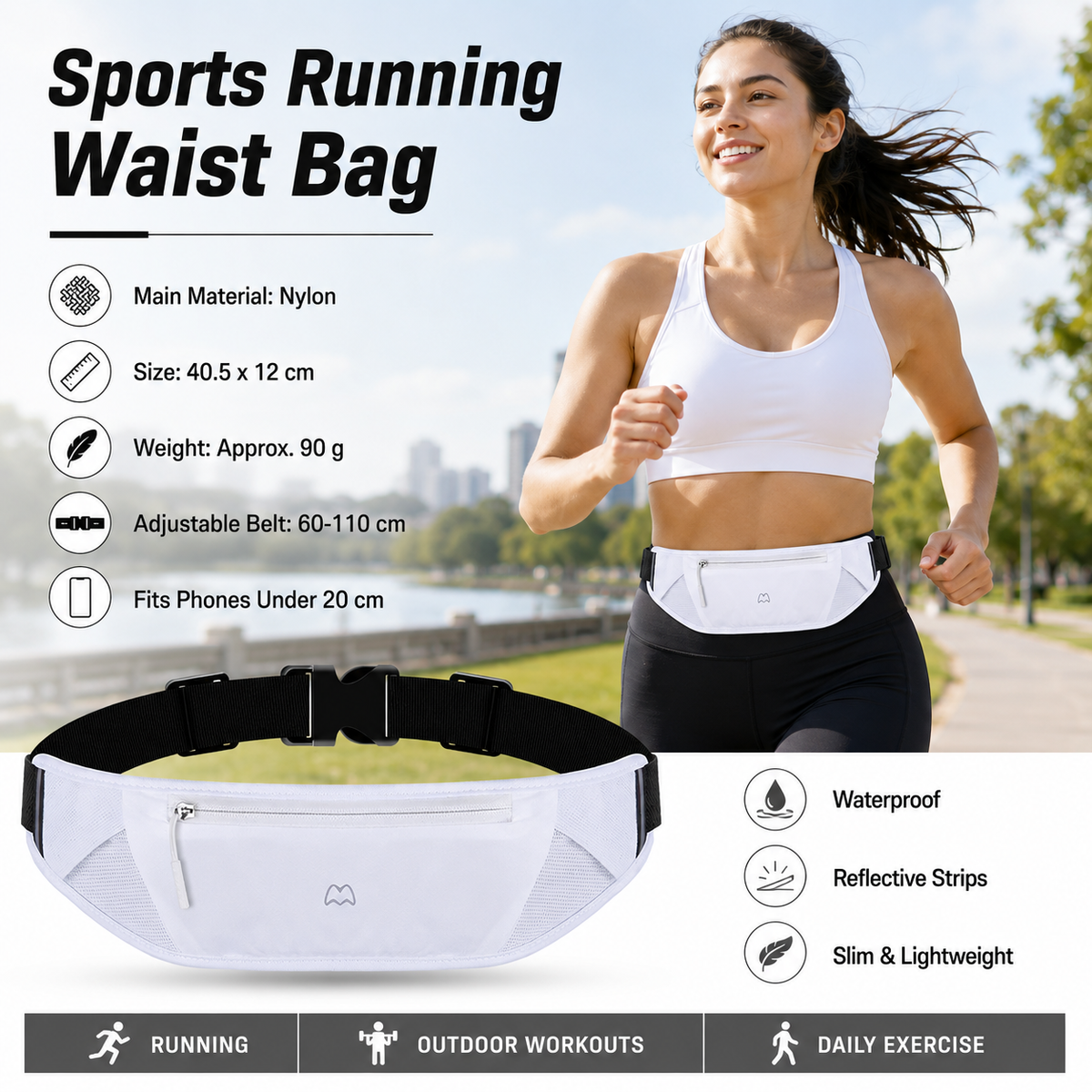 White Running Waist Pack—Made of waterproof nylon with an adjustable strap (fits waist sizes 60–110 cm); features a three-pocket design to store a phone and keys, includes reflective strips for safety during night runs, and is suitable for running, mounta