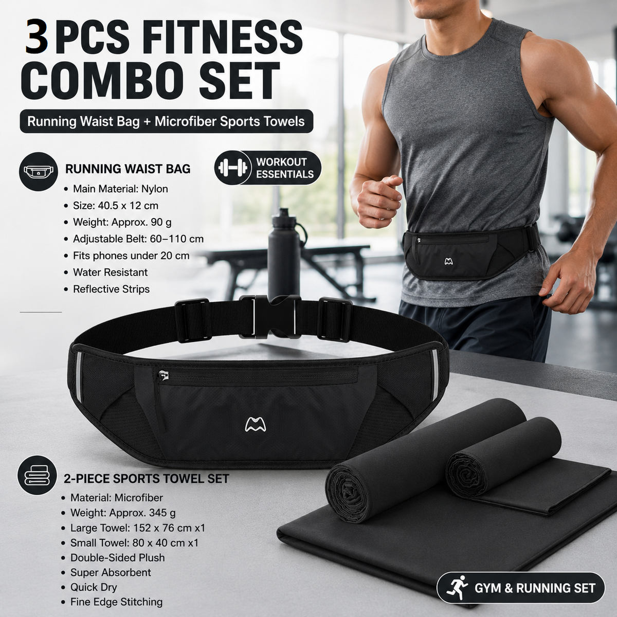 Dry and Breathable Sports combination-Black Running Waist Belt and Black 152*76cm and 80*40cm Microfiber Sports Towel Set - Waterproof Nylon Belt with Reflective Strips, Quick Dry Gym Towels for Fitness Running Swimming