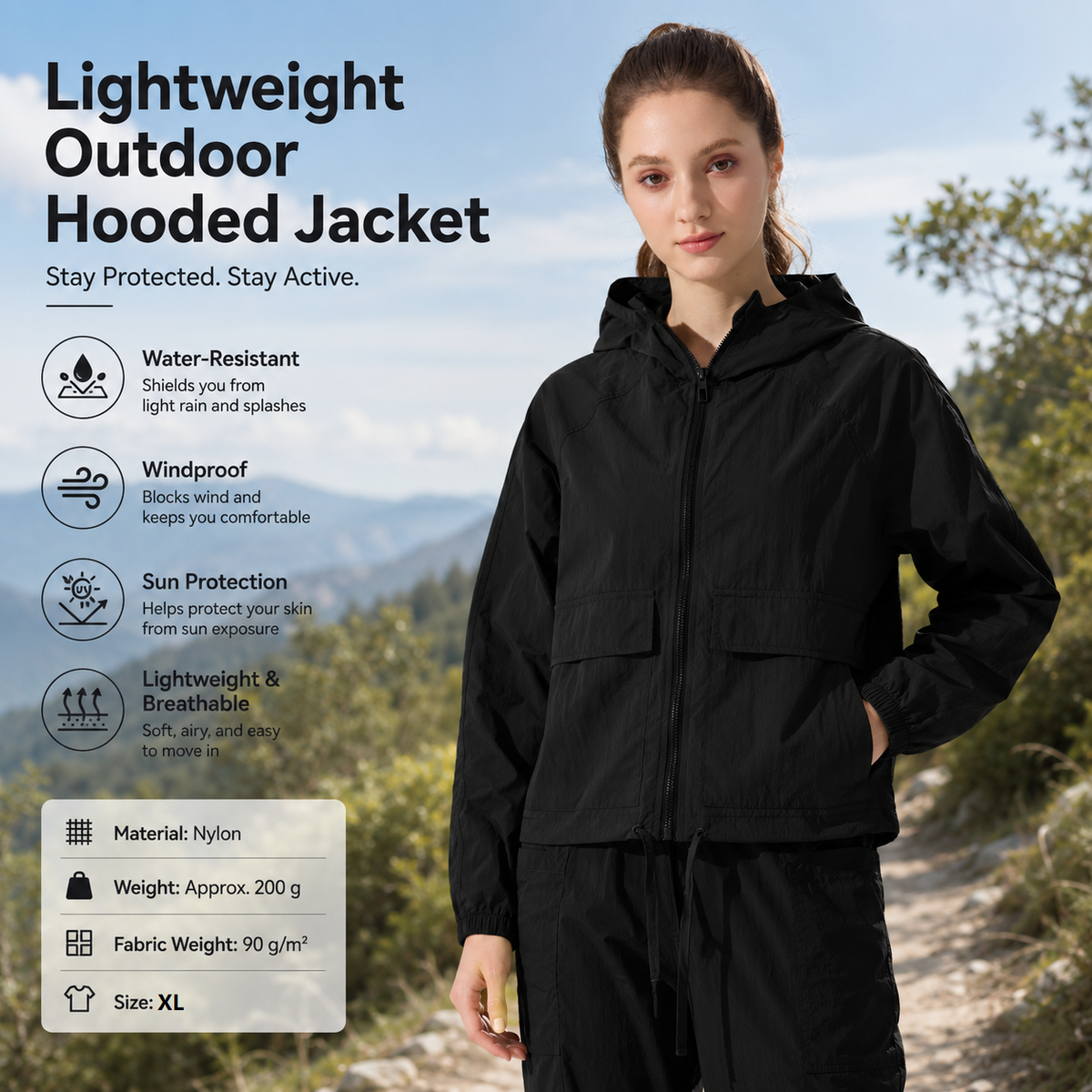 Black XL Size Women's Lightweight Hooded Windbreaker Jacket - Nylon, Waterproof, Windproof, Sun Protection, Loose Fit for Hiking, Running, Yoga and Outdoor Activities
