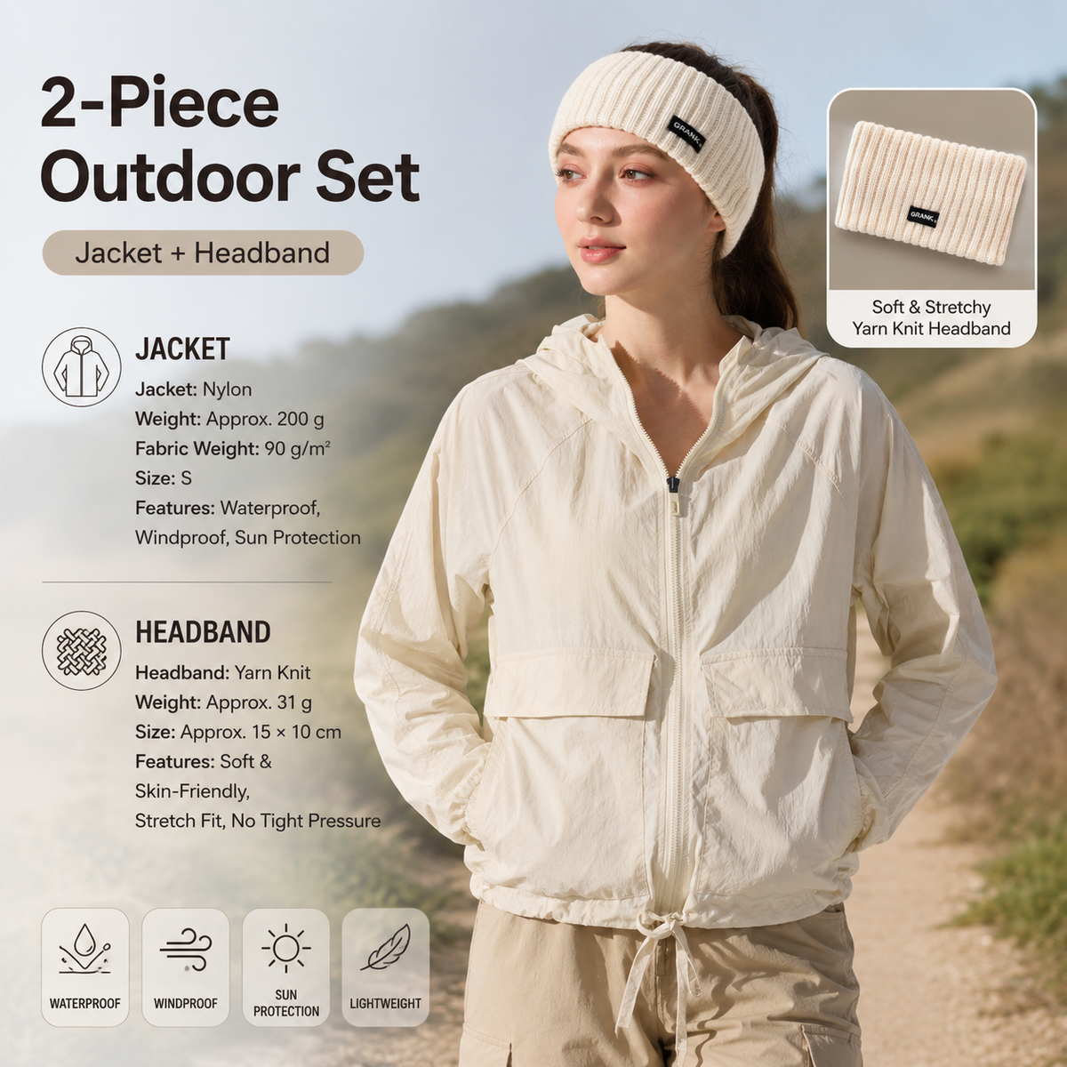 Women's Lightweight Outdoor Windproof and warm set - Beige S Size Waterproof Windproof  Sun Protection Hooded Raincoat and Beige Knitted Warm Headband Set for Hiking Travel Daily Wear