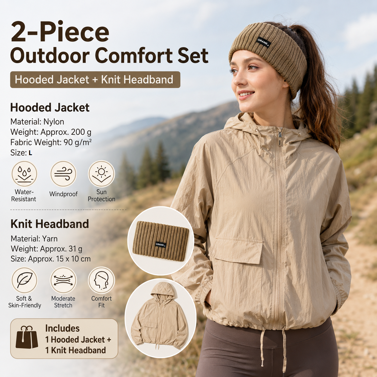 Women's Lightweight Outdoor Windproof and warm set - Khaki L Size Waterproof Windproof  Sun Protection Hooded Raincoat and Khaki Knitted Warm Headband Set for Hiking Travel Daily Wear