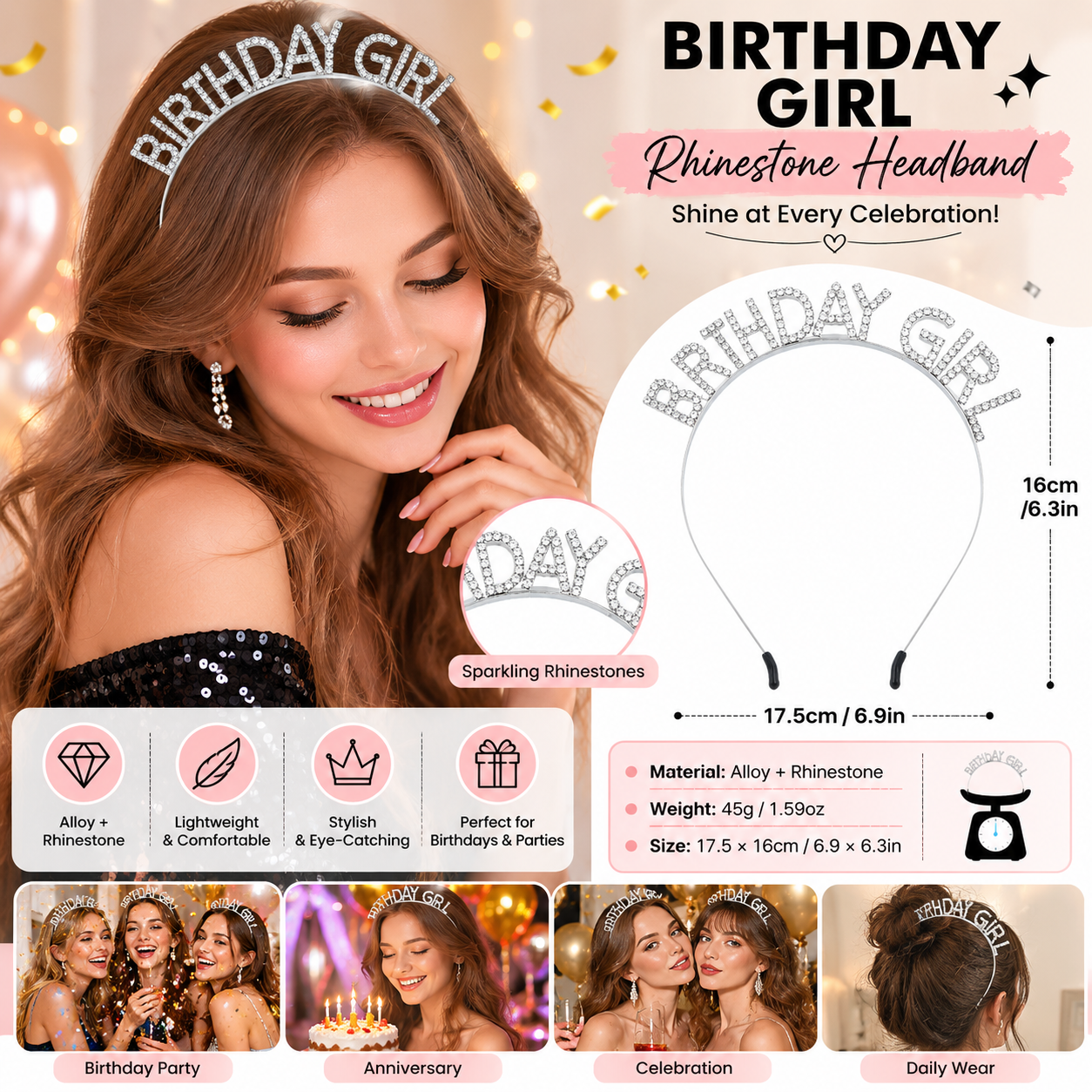 Silvery Birthday Girl Rhinestone decorative headband - Alloy Letter Hair Accessory with Sparkling Crystals for Women and Girls, Party Photo Prop and Celebration Gift
