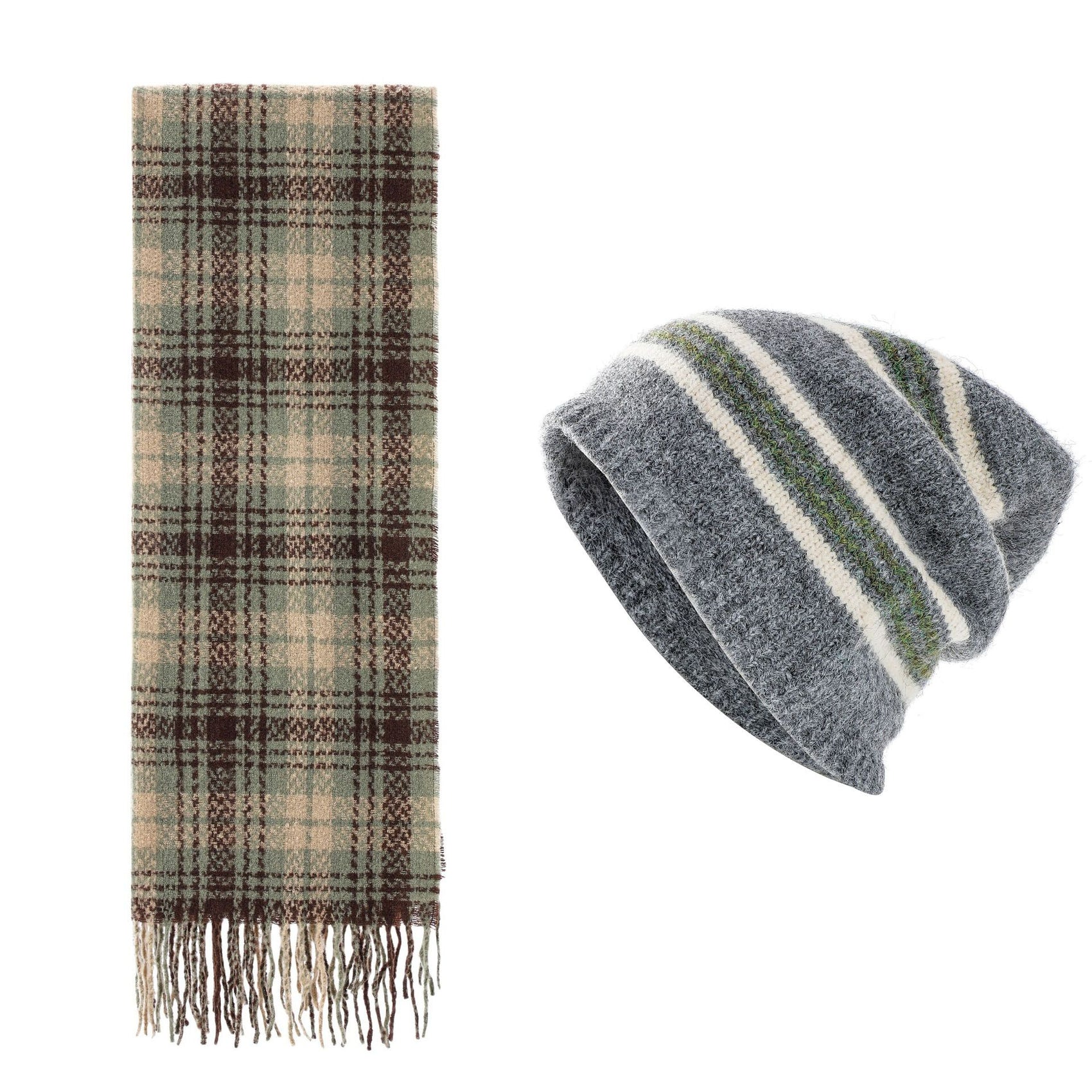 Striped Wool-Blend Beanie & Plaid Fringed Scarf Set — Soft Knit Hat (36 x 26 cm) and Oversized Shawl (200 x 65 cm); A Must-Have for Christmas and Cold Weather
