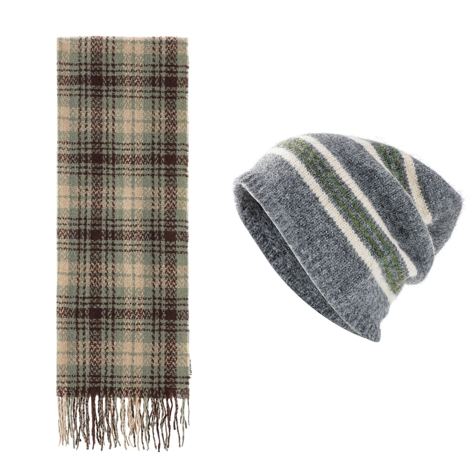 Striped Wool-Blend Beanie & Plaid Fringed Scarf Set — Soft Knit Hat (36 x 26 cm) and Oversized Shawl (200 x 65 cm); A Must-Have for Christmas and Cold Weather