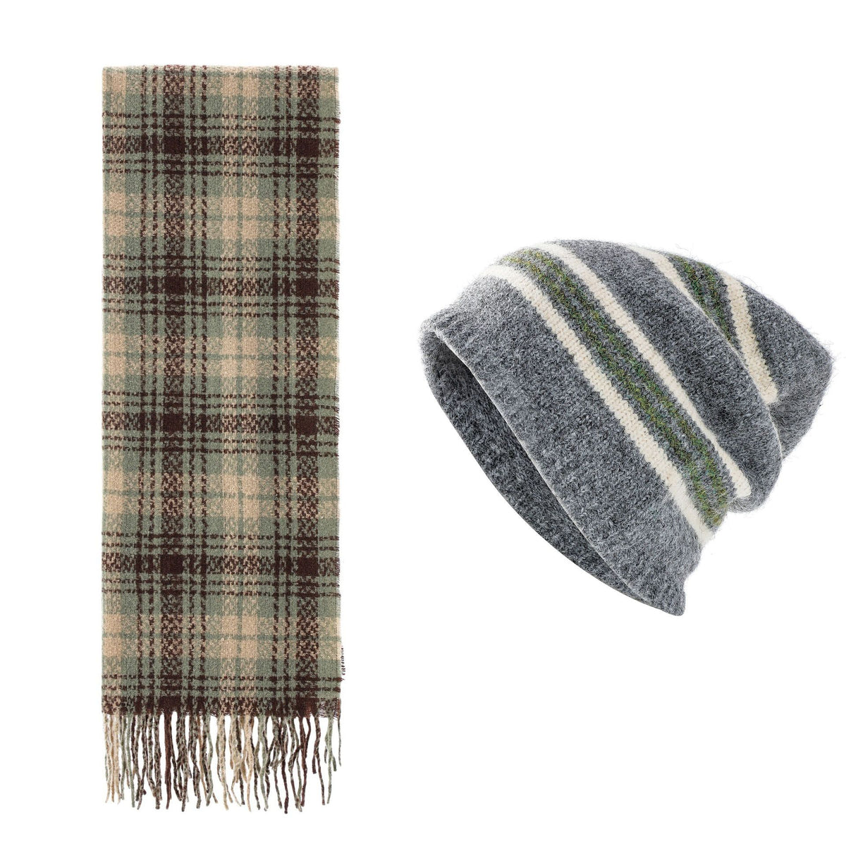 Striped Wool-Blend Beanie & Plaid Fringed Scarf Set — Soft Knit Hat (36 x 26 cm) and Oversized Shawl (200 x 65 cm); A Must-Have for Christmas and Cold Weather
