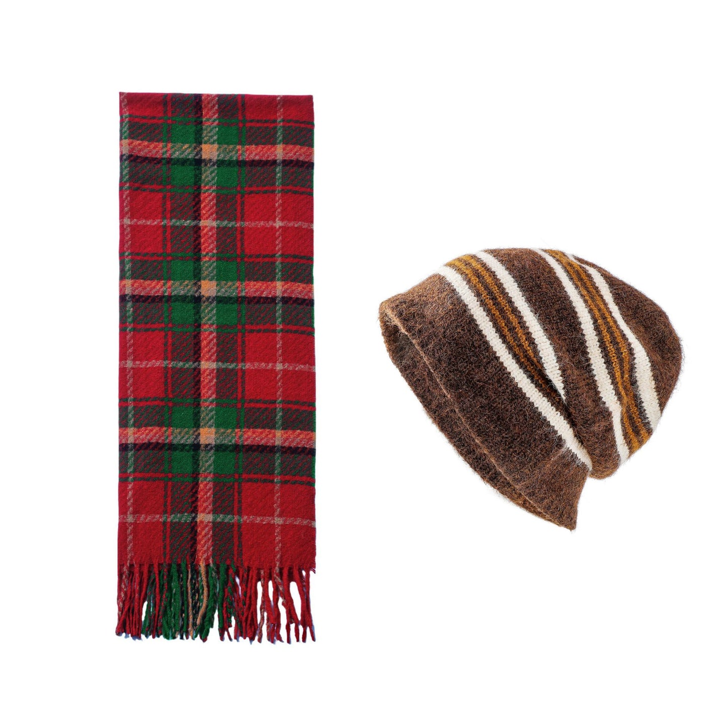 Brown + Red Striped Wool-Blend Beanie & Plaid Fringed Scarf Set — Soft Knit Hat (36 x 26 cm) and Oversized Shawl (200 x 65 cm); A Must-Have for Christmas and Cold Weather
