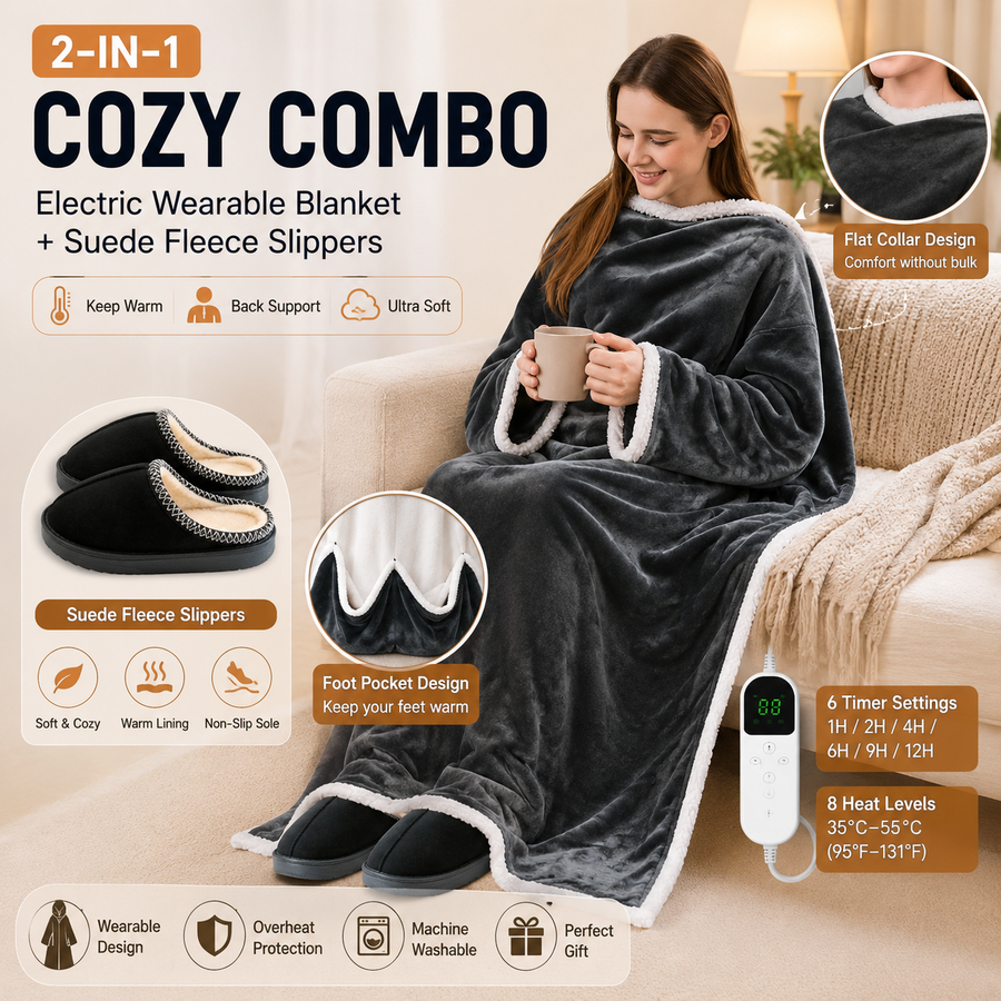 Wearable Electric Heated Blanket with Foot Pocket 127x177cm and Suede Fleece Slippers Set AU 9-10, Winter Warm Home Comfort Bundle