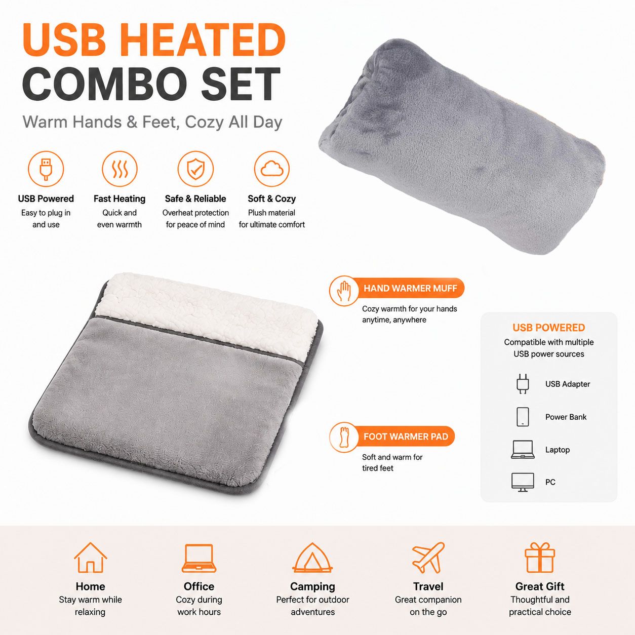 USB Heated Hand Warmer Bag & Foot Warmer Pad Combo Set – Electric Plush Heating Cushion for Home, Office & Travel