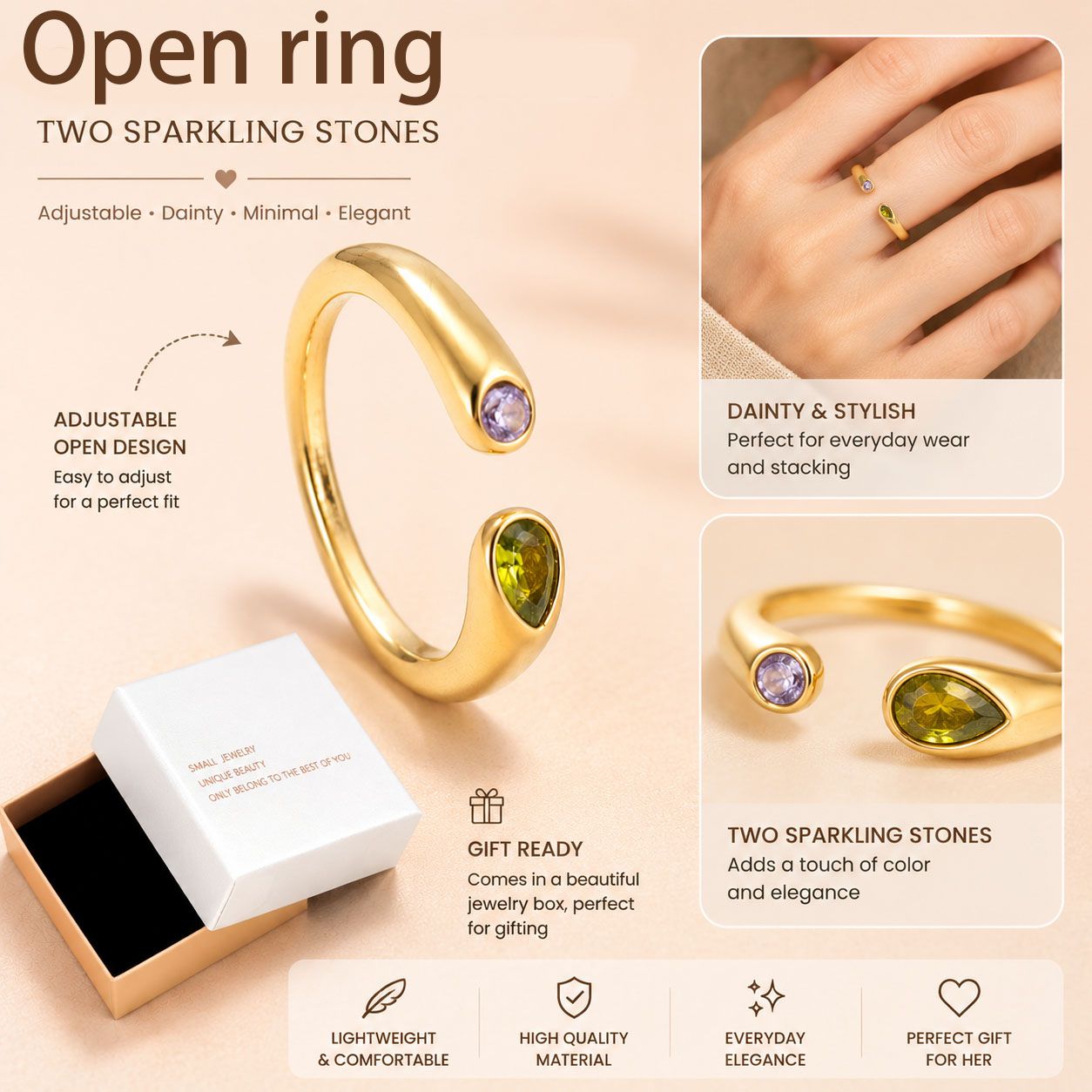 Adjustable Birthstone(August) Open Ring Set 18K Gold Plated Stainless Steel Minimalist Dainty Stackable Gemstone Rings Personalized Jewelry Gift Box Included Everyday Wear Gift