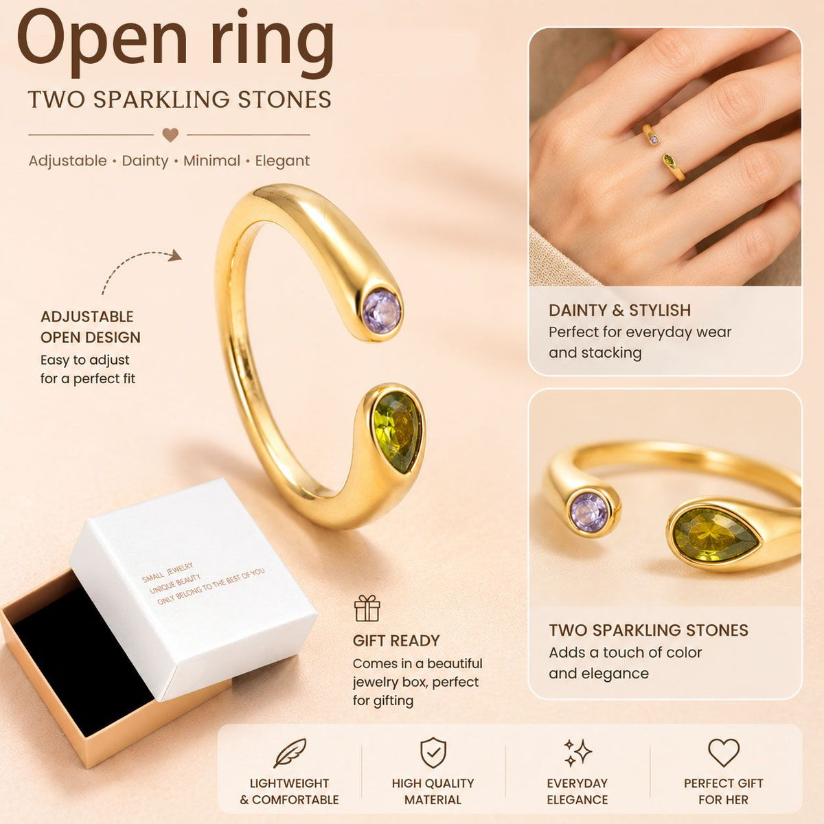 Adjustable Birthstone(August) Open Ring Set 18K Gold Plated Stainless Steel Minimalist Dainty Stackable Gemstone Rings Personalized Jewelry Gift Box Included Everyday Wear Gift