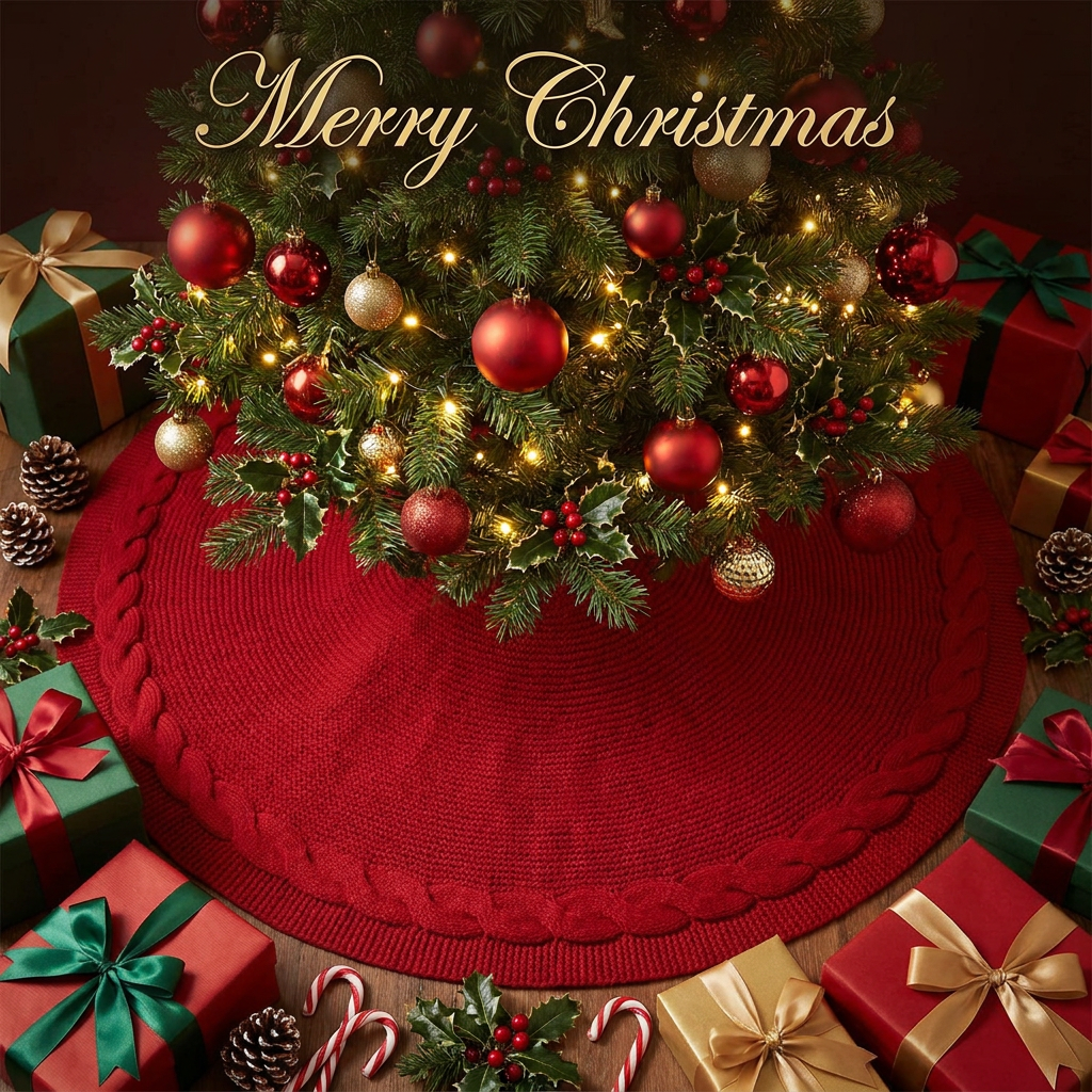 Knitted Christmas Tree Skirt 24 Inch Red Round Tree Base Cover with Cable Knit Border Soft Holiday Tree Skirt Rustic Christmas Decor for Home Fireplace Party Festive Gift Display