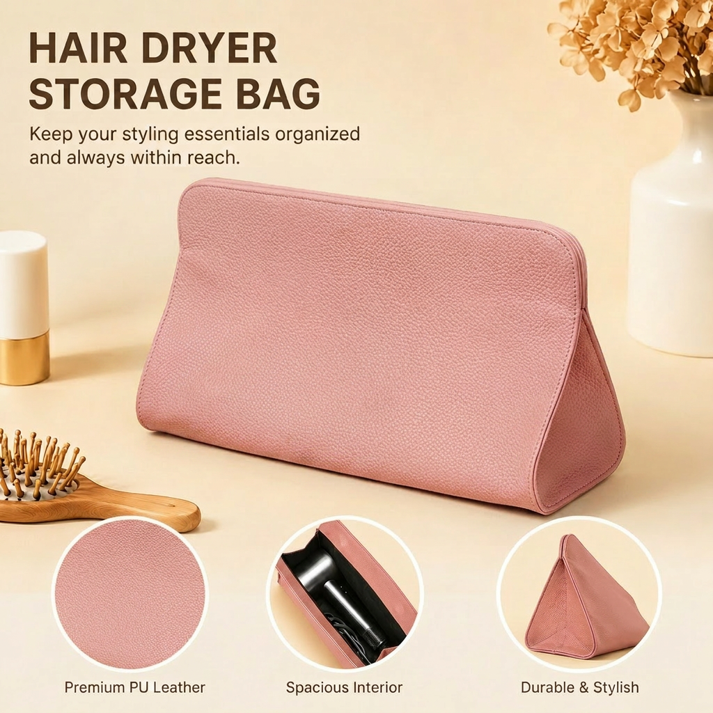 Pink Hair Dryer Storage Bag - Faux Leather Travel Organizer with Magnetic Closure, Waterproof Heat Resistant Pouch for Straighteners Curling Irons and Styling Tools