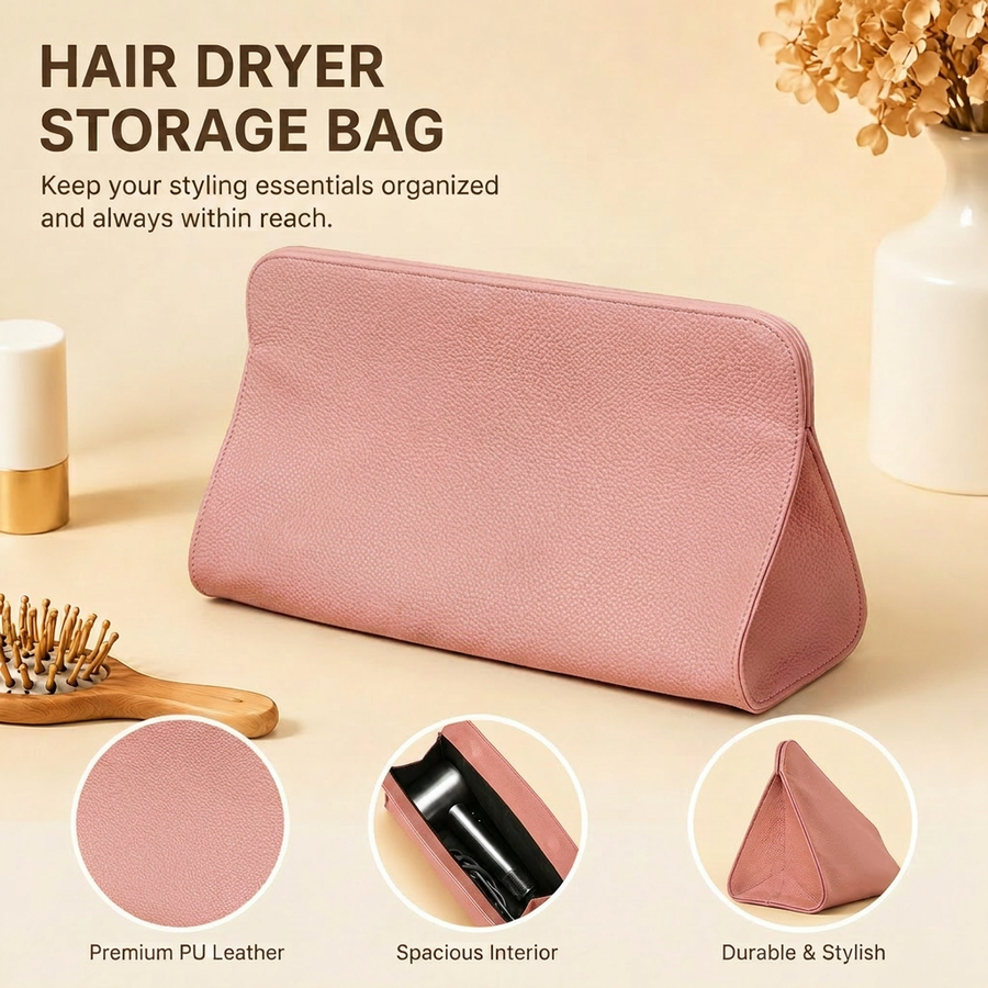 Pink Hair Dryer Storage Bag - Faux Leather Travel Organizer with Magnetic Closure, Waterproof Heat Resistant Pouch for Straighteners Curling Irons and Styling Tools