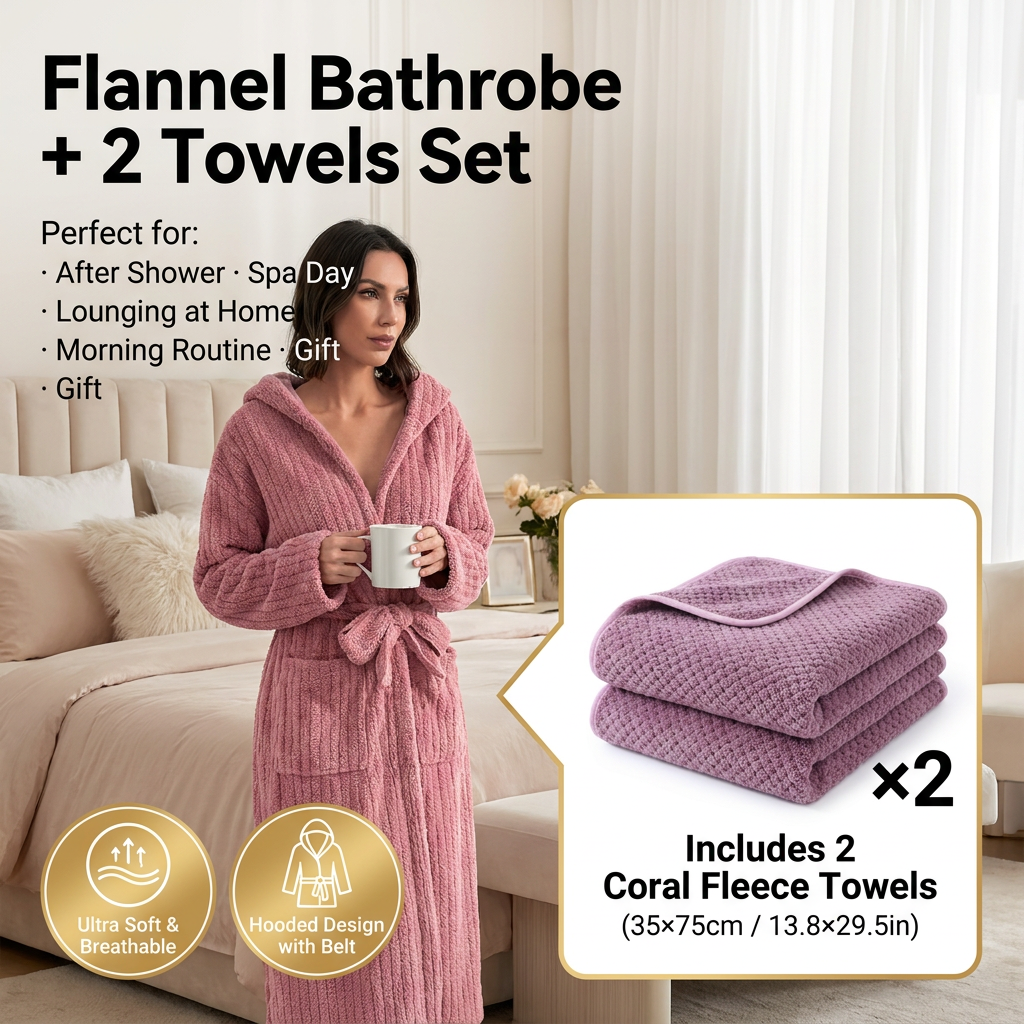 Women's Coral Fleece Hooded Bathrobe (M size) Set with 2 Pineapple Grid Towels - Ultra Soft Absorbent Loungewear for Home Spa and Post Shower Comfort