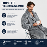 Men's Flannel Bathrobe Grey L Size - Soft Coral Fleece Hooded Kimono Collar Dressing Gown Loose Fit Warm Comfortable Loungewear Home Spa Easy Care Machine Washable