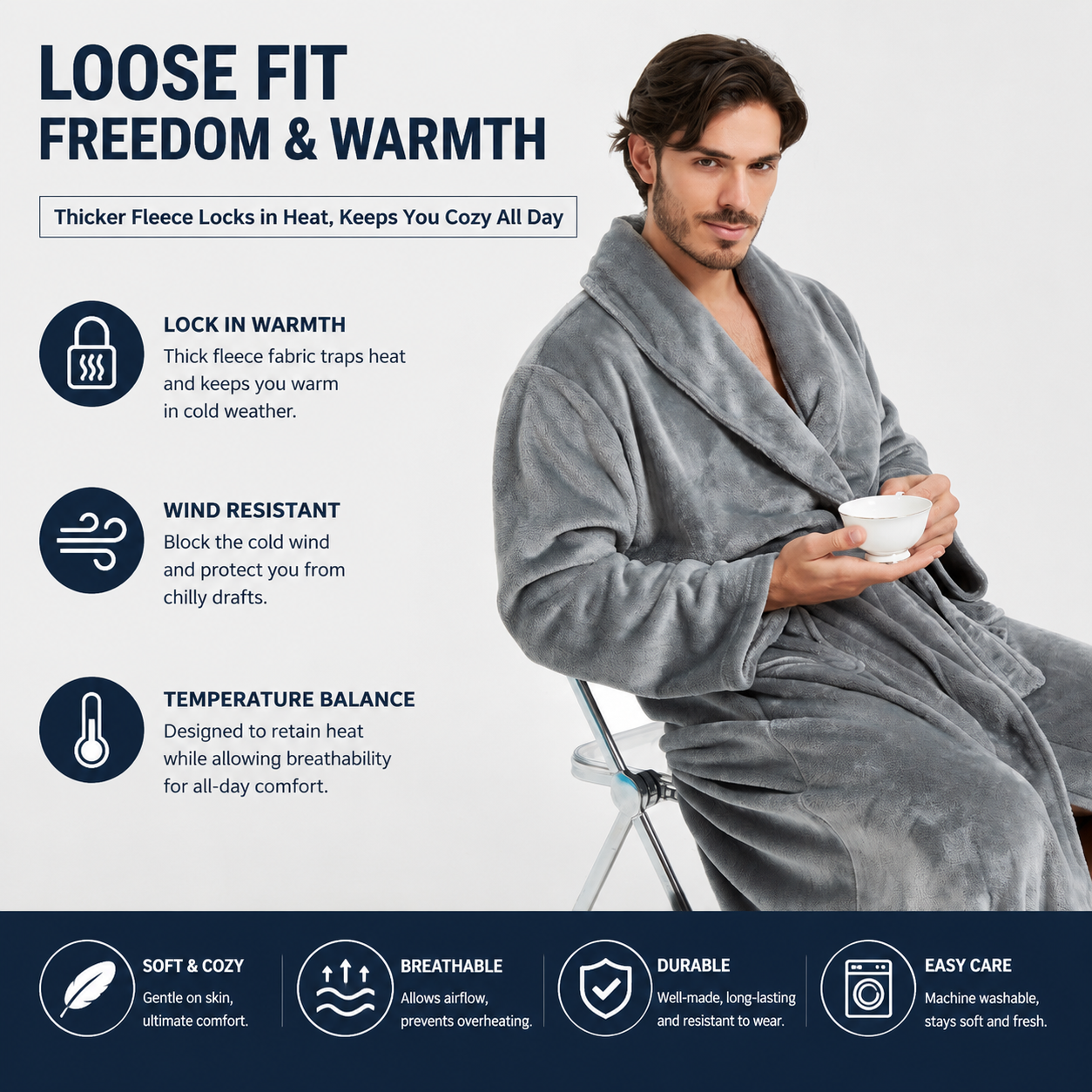Men's Flannel Bathrobe Grey XXL Size - Soft Coral Fleece Hooded Kimono Collar Dressing Gown Loose Fit Warm Comfortable Loungewear Home Spa Easy Care Machine Washable