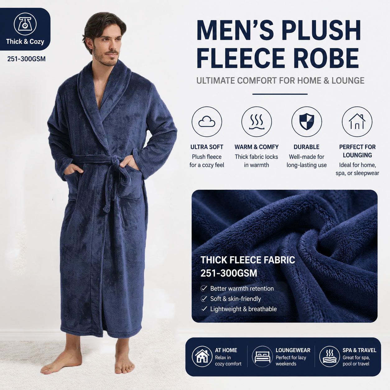 Men's Flannel Bathrobe blue L Size - Soft Coral Fleece Hooded Kimono Collar Dressing Gown Loose Fit Warm Comfortable Loungewear Home Spa Easy Care Machine Washable