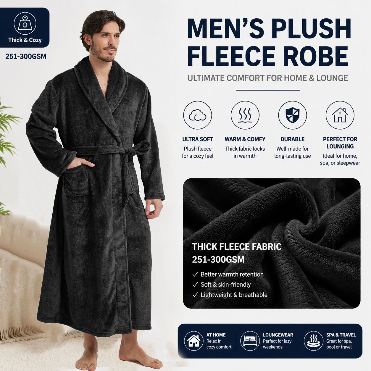 Men's Flannel Bathrobe Black L Size - Soft Coral Fleece Hooded Kimono Collar Dressing Gown Loose Fit Warm Comfortable Loungewear Home Spa Easy Care Machine Washable