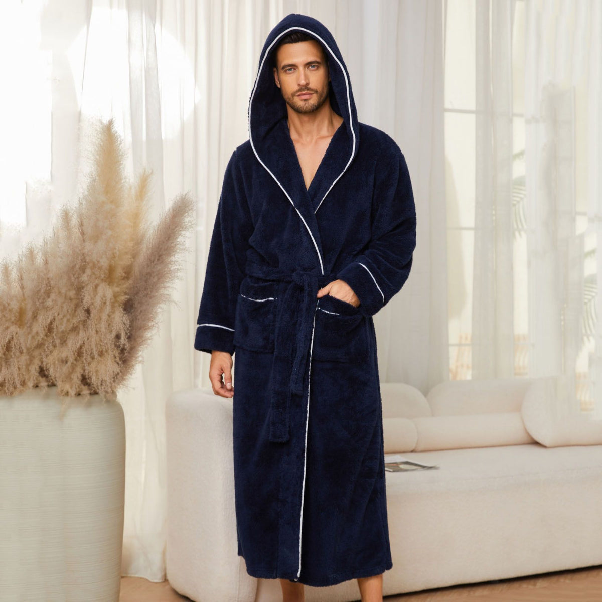 Men's Plush Fleece Hooded Bathrobe Blue XXL Size Shawl Collar Dressing Gown - Thick Warm Soft Winter Loungewear with Belt Deep Pockets Machine Washable Home Spa Comfort Gift Ready