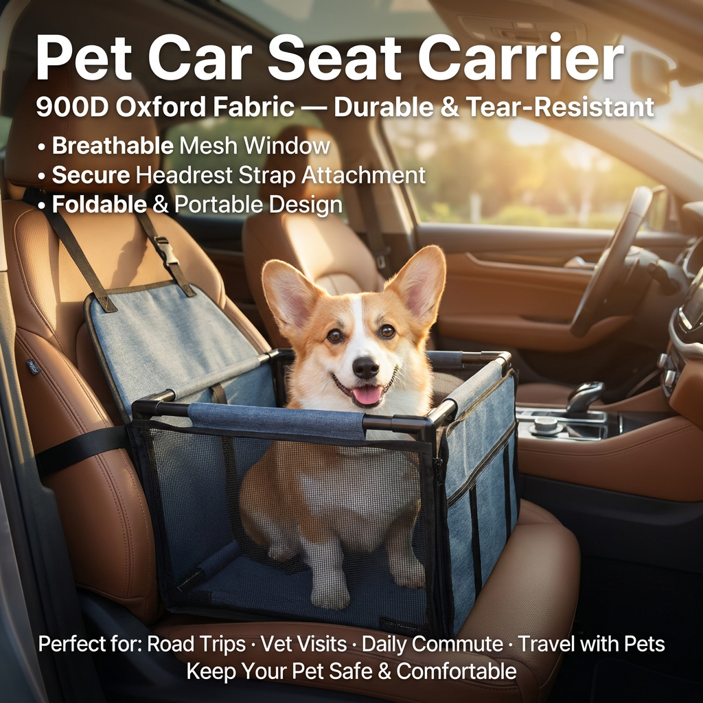Blue Easy Install Dog Car Seat - Dark Blue Waterproof Foldable Dog & Cat Booster Seat with Breathable Mesh, Safety Strap & Reinforced Frame for Travel, Anti-Slip Portable Pet Car Bed