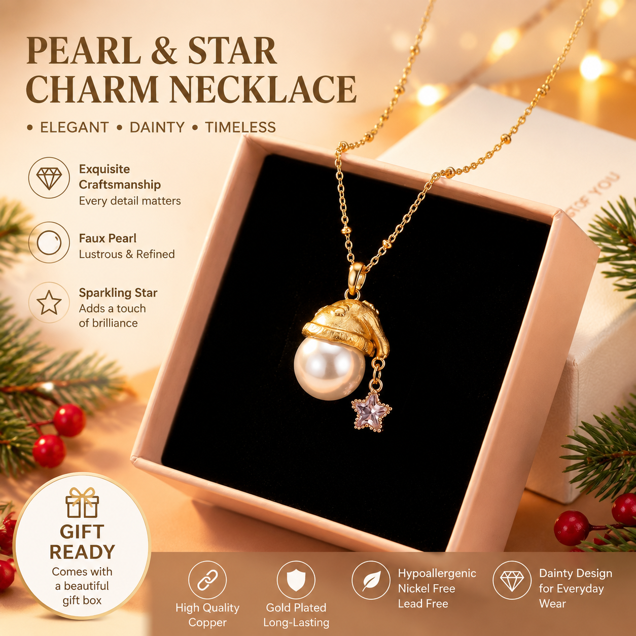Pearl Santa Hat Star Necklace – Gold Plated Dainty Christmas Pendant Necklace with Faux Pearl & Star Charm, Includes Gift Box, Elegant Holiday Gift Jewelry for Women