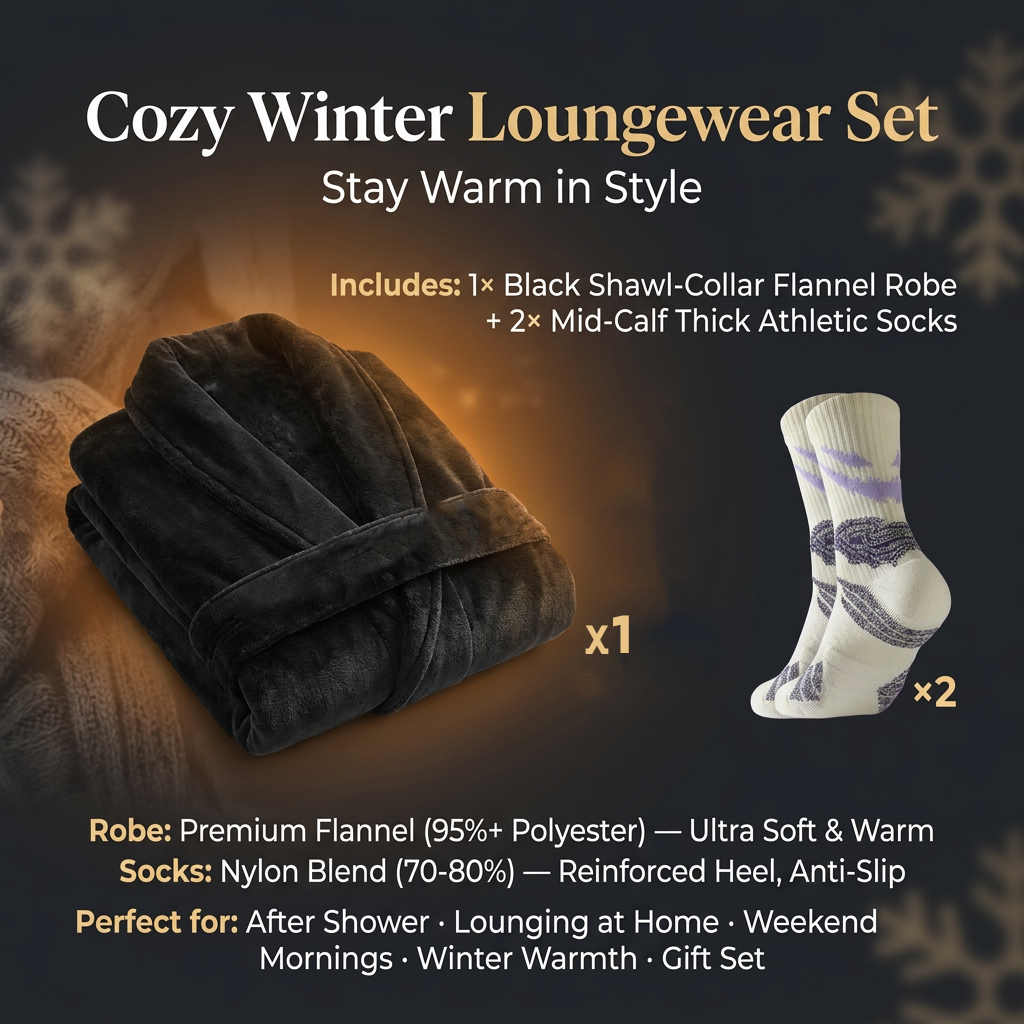 Blue Men's Winter Lounge Bundle Set - Flannel Shawl Collar Robe(M Size) with 2x  Thick Mid Calf Purple Demon Pattern Socks, Warm Plush Homewear Set, Soft Cozy Sleepwear and Indoor Loungewear Gift for Men