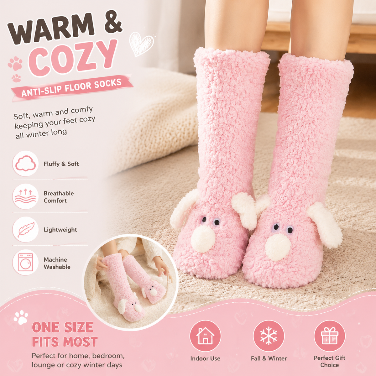 Cute Animal Plush Floor Socks - Pink Puppy Thickened Coral Fleece Non-Slip Indoor Winter Warm Sleep Socks with Non-Slip Dots, Comfortable for Home Use