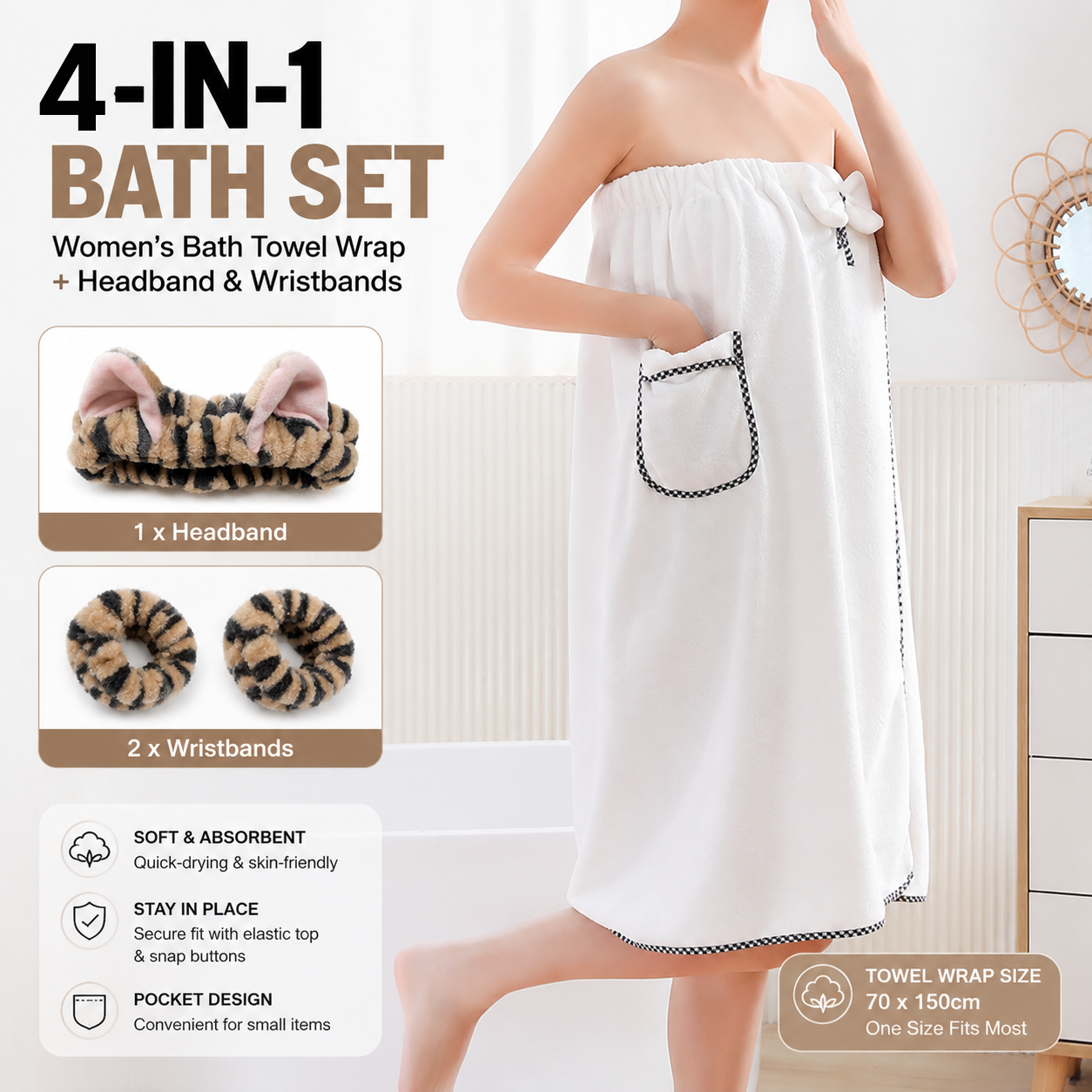 4PCS Spa Set Bath Wrap White bath towel Black and brown stripes Cat Ear Headband Wristbands Coral Fleece Quick Dry Absorbent Skincare Shower Hair Wash Set Home Spa Gift