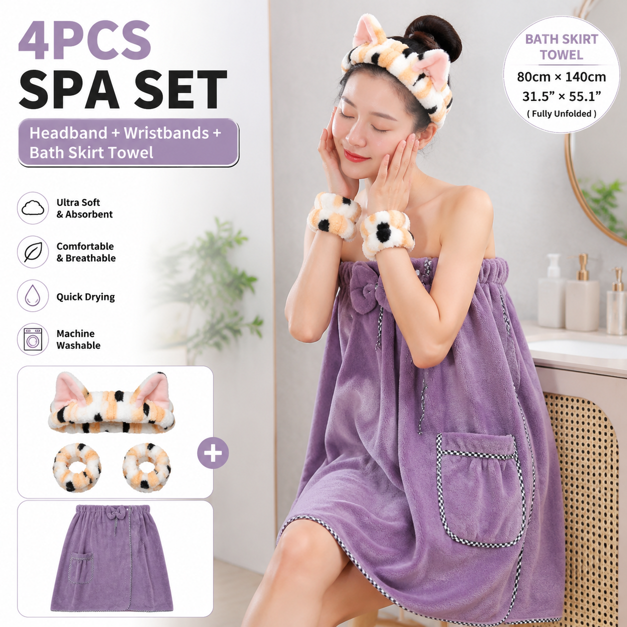 4PCS Spa Set Bath Wrap Purple bath towel Black and yellow stripes Cat Ear Headband Wristbands Coral Fleece Quick Dry Absorbent Skincare Shower Hair Wash Set Home Spa Gift