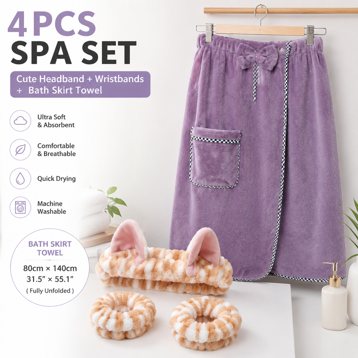 4PCS Spa Set Bath Wrap Purple bath towel Yellow stripes Cat Ear Headband Wristbands Coral Fleece Quick Dry Absorbent Skincare Shower Hair Wash Set Home Spa Gift