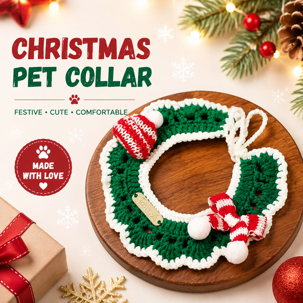 Christmas Pet Collar（Green scarf and hat） Knitted Festive Dog Cat Collar Red Green Adjustable Soft Lightweight Holiday Pet Accessories for Small Dogs and Cats  Party Wear