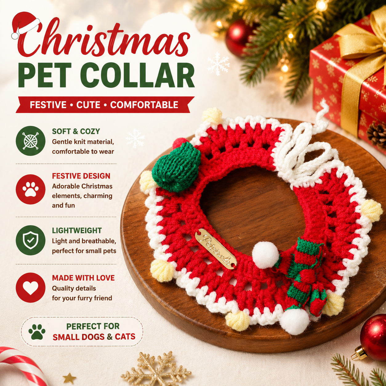 Christmas Pet Collar（Red scarf and hat） Knitted Festive Dog Cat Collar Red Green Adjustable Soft Lightweight Holiday Pet Accessories for Small Dogs and Cats  Party Wear