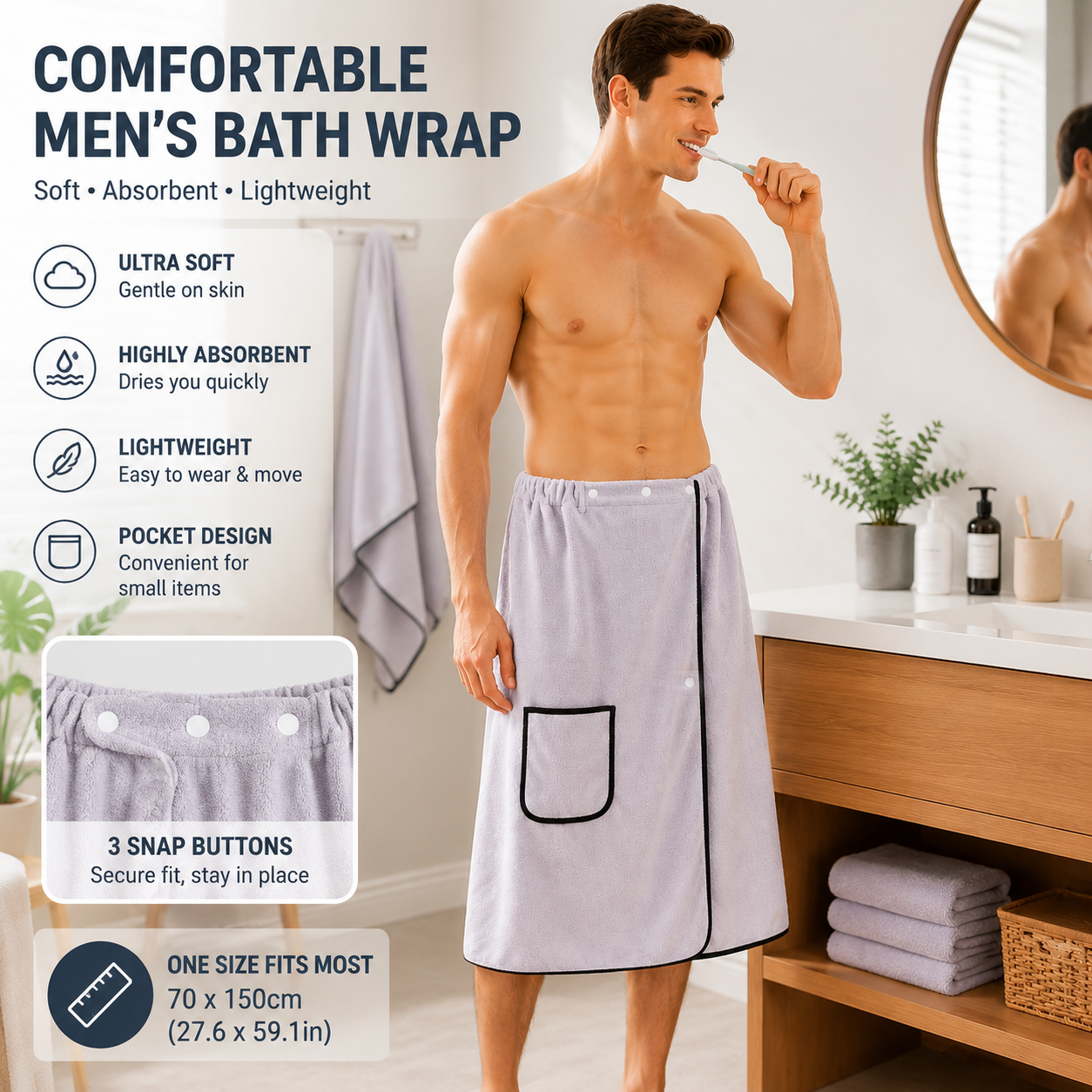 Men’s Bath Wrap Microfiber Quick Dry Absorbent Adjustable Snap Closure Grey Bath Towel Wrap Lightweight Bathroom Spa Gym Travel Use 70x150cm Comfortable Fit