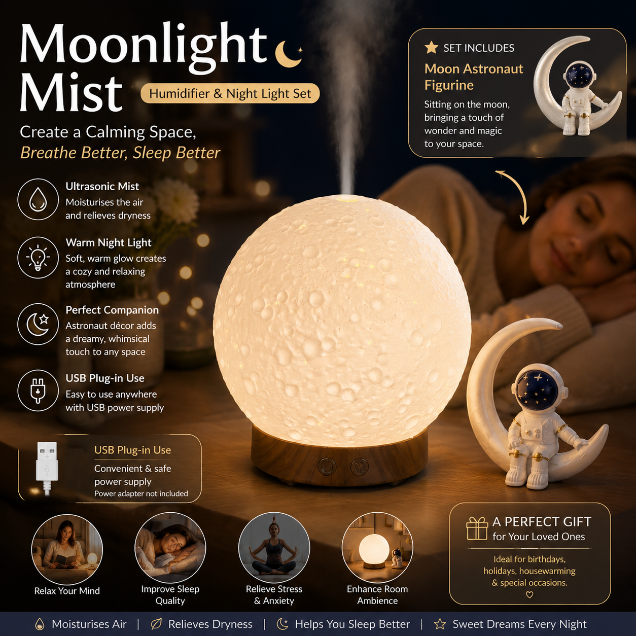 Moonlight Dreams Moon Lamp Humidifier Night Light USB Aroma Diffuser with Astronaut Figurine 7-Color LED Galaxy Bedroom Decor Gift for Teenager & Adults (Light wood grain base)