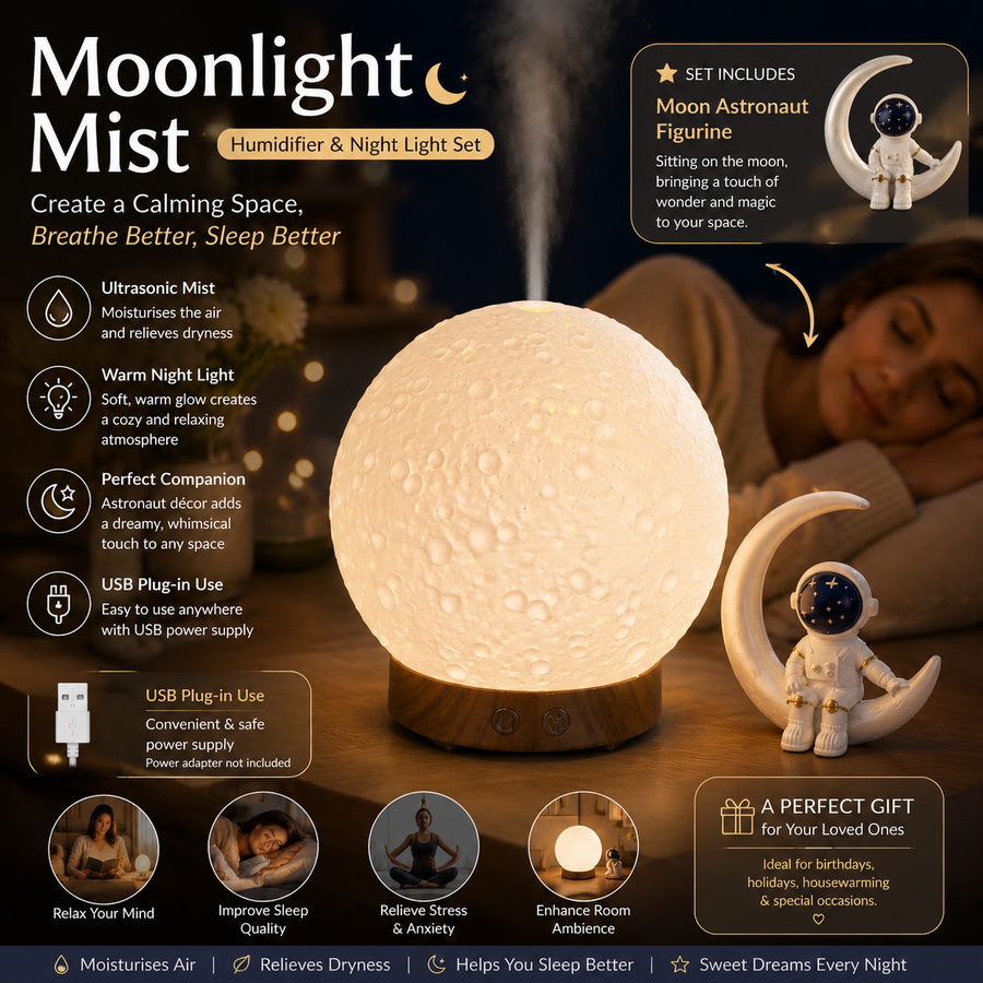 Moonlight Dreams Moon Lamp Humidifier Night Light USB Aroma Diffuser with Astronaut Figurine 7-Color LED Galaxy Bedroom Decor Gift for Teenager & Adults (Light wood grain base)