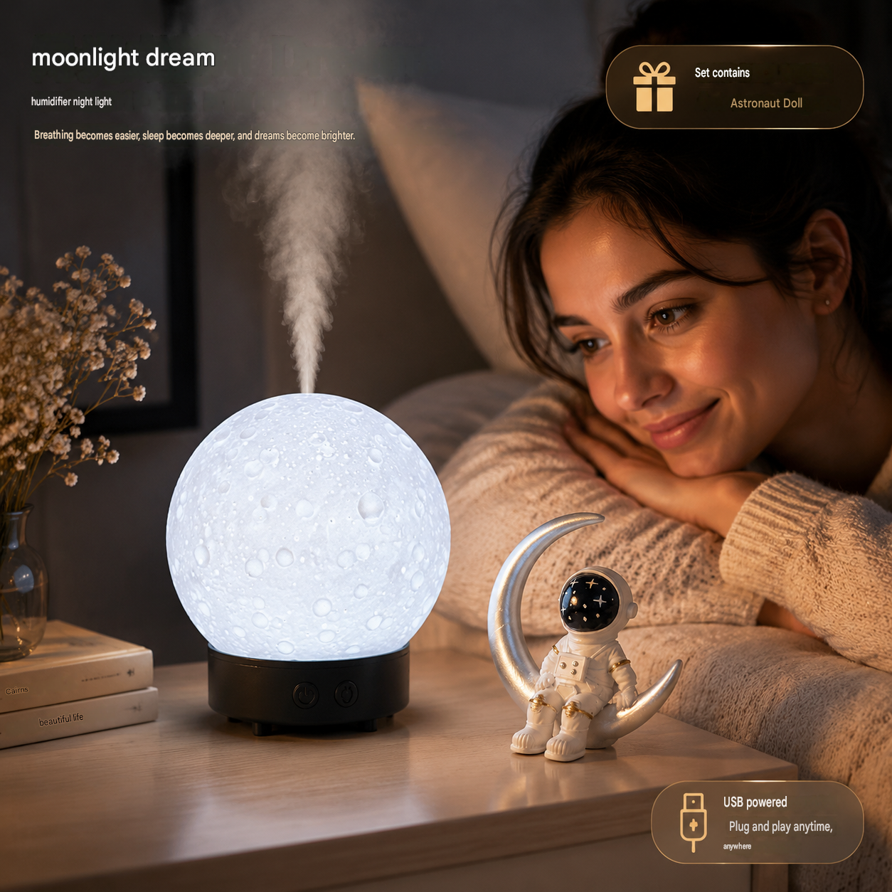 Moonlight Dreams Moon Lamp Humidifier Night Light USB Aroma Diffuser with Astronaut Figurine 7-Color LED Galaxy Bedroom Decor Gift for Teenager & Adults (Black base)