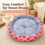Round Pet Bed for Small Dogs and Cats, Soft Plush Calming Cat Bed with Strawberry Pattern, Cozy Washable Puppy Sleeping Mat, Non Slip Bottom Pet Cushion for Indoor Home Use(Diameter: 60cm)