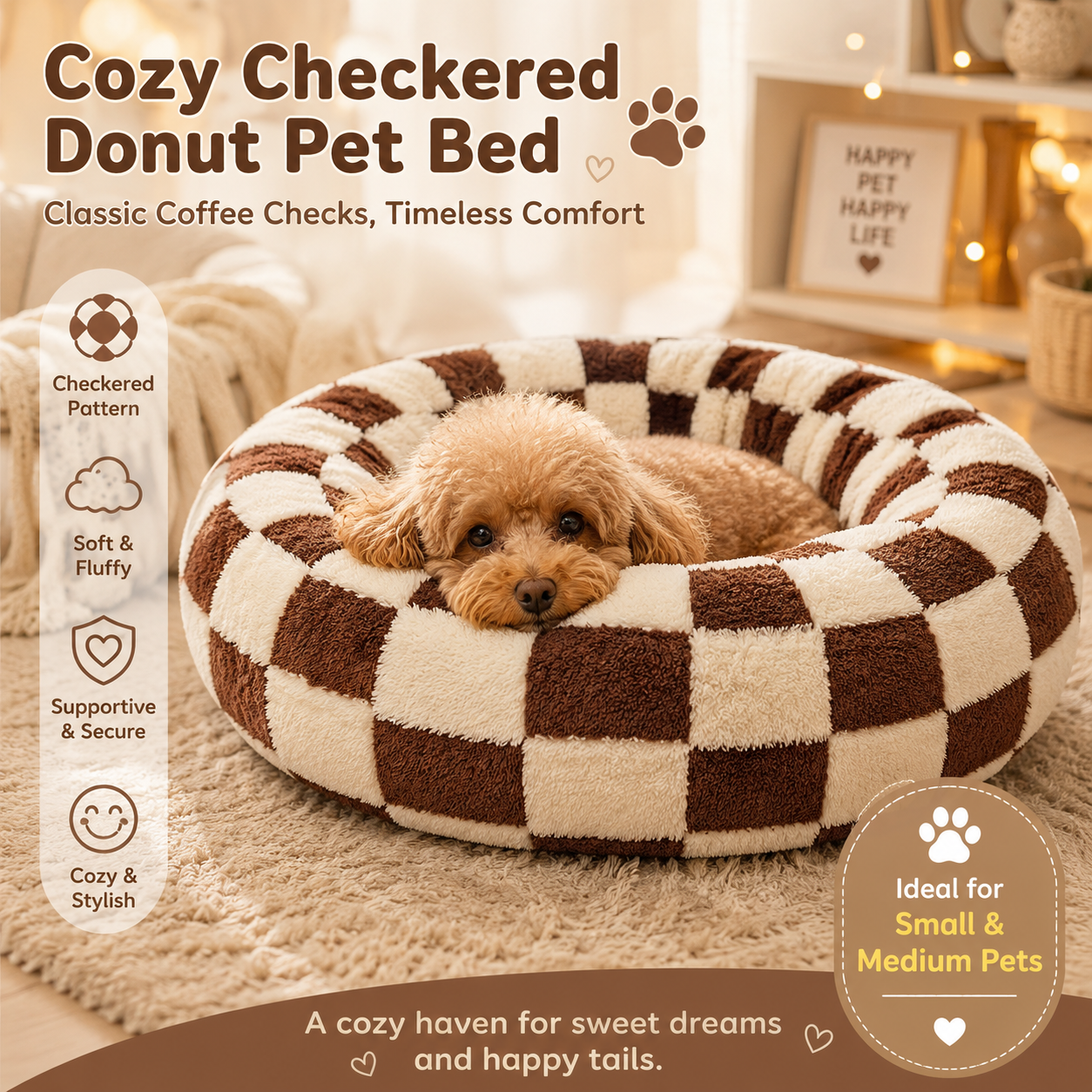 Small Medium Pet Donut Bed (Coffee plaid)-40cm outer diameter, Soft Plush Round Dog Bed and Cat Bed with Raised Rim, Cozy Calming Pet Sleeping Cushion, Checkered Washable Puppy Bed for Indoor Small Dogs Cats and Kittens