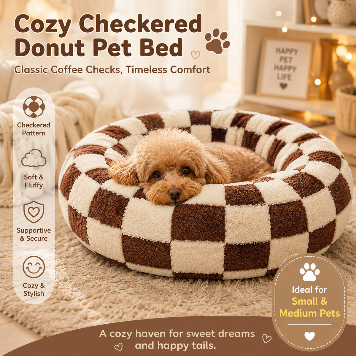 Small Medium Pet Donut Bed (Coffee plaid)-40cm outer diameter, Soft Plush Round Dog Bed and Cat Bed with Raised Rim, Cozy Calming Pet Sleeping Cushion, Checkered Washable Puppy Bed for Indoor Small Dogs Cats and Kittens