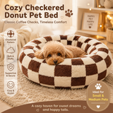Small Medium Pet Donut Bed (Coffee plaid) -50cm outer diameter, Soft Plush Round Dog Bed and Cat Bed with Raised Rim, Cozy Calming Pet Sleeping Cushion, Checkered Washable Puppy Bed for Indoor Small Dogs Cats and Kittens