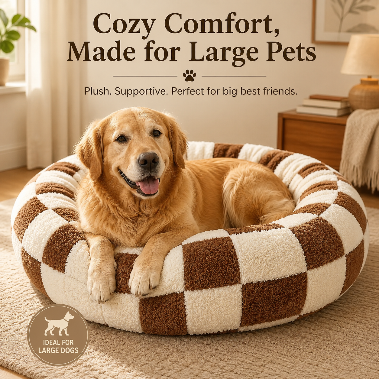 Medium Large Pet Donut Bed (Coffee plaid)-70cm outer diameter, Soft Plush Round Dog Bed and Cat Bed with Raised Rim, Cozy Calming Pet Sleeping Cushion, Checkered Washable Dog Bed for Medium Large Dogs and Cats