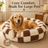 Medium Large Pet Donut Bed (Coffee plaid)-100cm outer diameter, Soft Plush Round Dog Bed and Cat Bed with Raised Rim, Cozy Calming Pet Sleeping Cushion, Checkered Washable Dog Bed for Medium Large Dogs and Cats