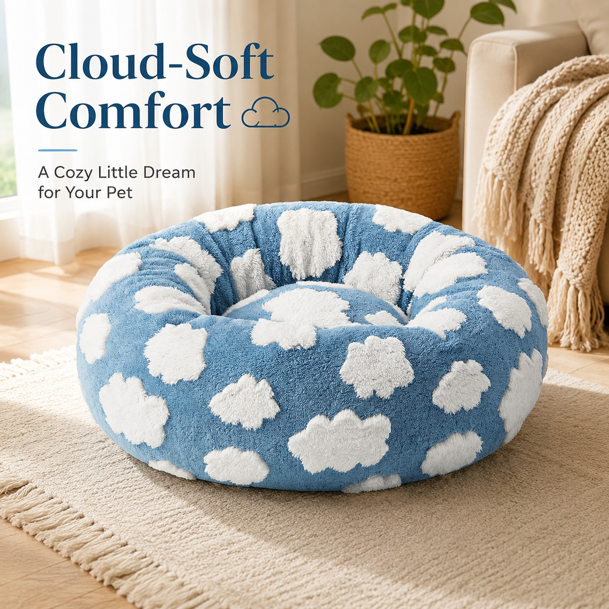 Small Medium Pet Donut Bed-40cm outer diameter, Soft Plush Round Dog Bed and Cat Bed with Raised Rim, Cozy Calming Pet Sleeping Cushion, Blue Cloud Pattern Washable Pet Bed for Small Medium Dogs Cats Puppies and Kittens